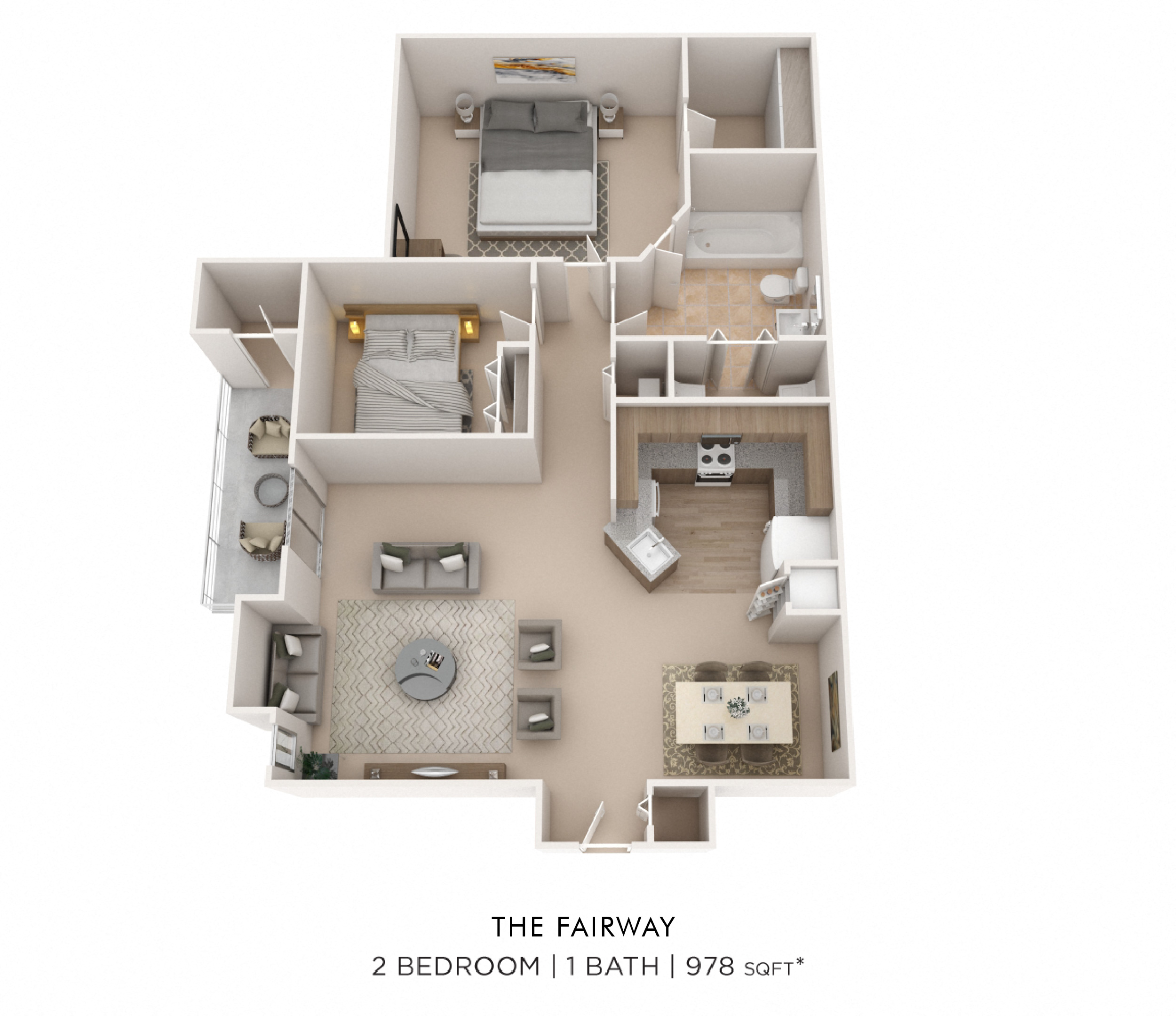 Floor plan for 2 beds, 1 bath, 978 sqft